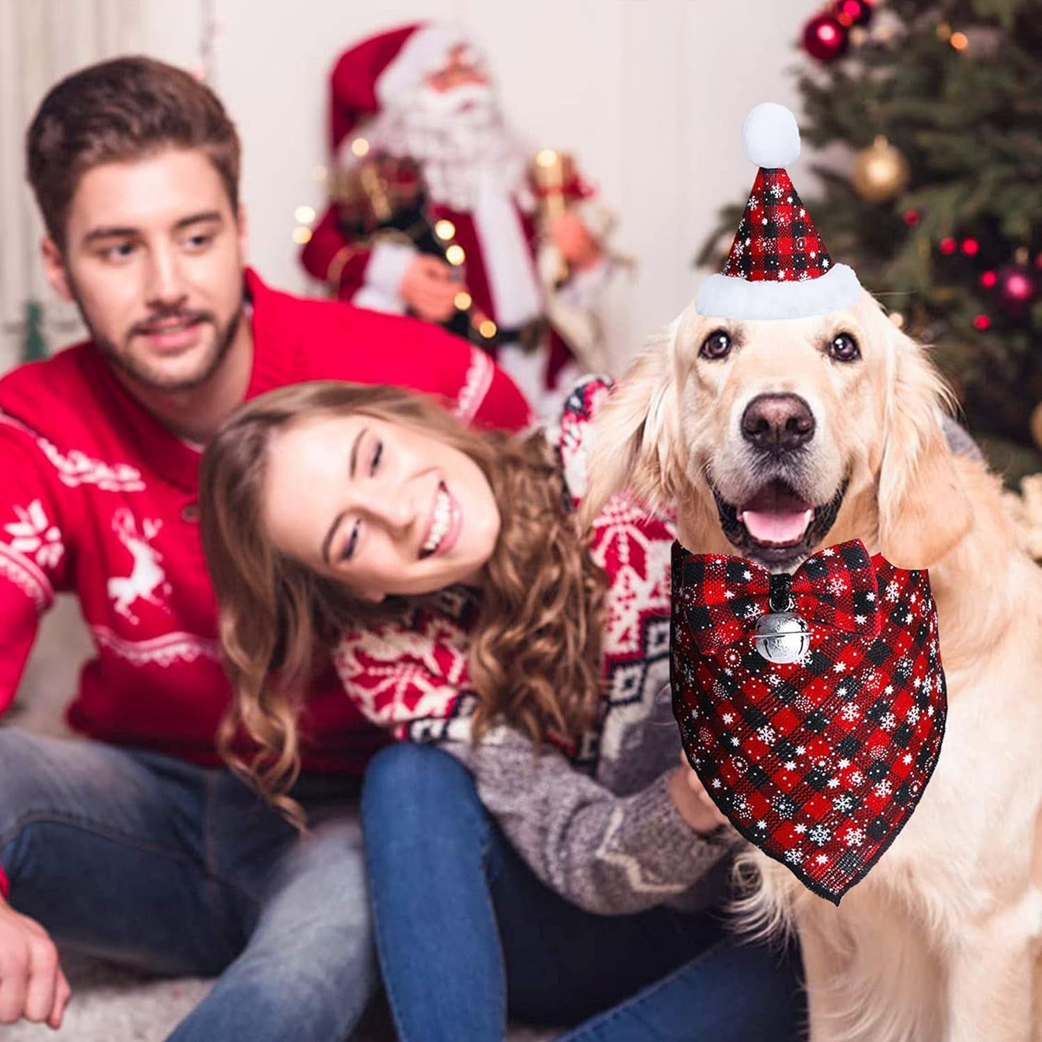 Christmas Snowflake Dog Bandana Costume, Christmas Classic Plaid Snowflake Dog Bandana Scarf Hat Bow Tie with Bell Costume Decoration for Dogs Pets