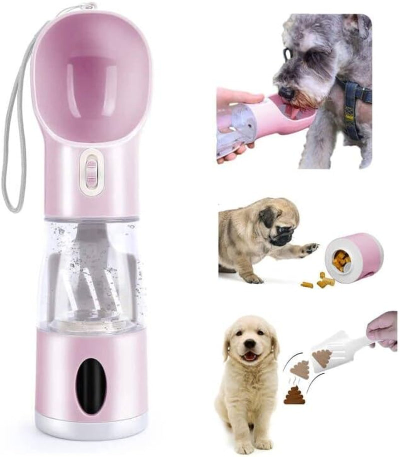Dog Water Bottle 4 in 1 Portable Pet Dog Water Bottle Dispenser Leakproof Travel Dog Water Bottle Cat Dog Accessories with Drinking Feeding, Waste Bag and Poop Shovel for Walking Travel, Pink